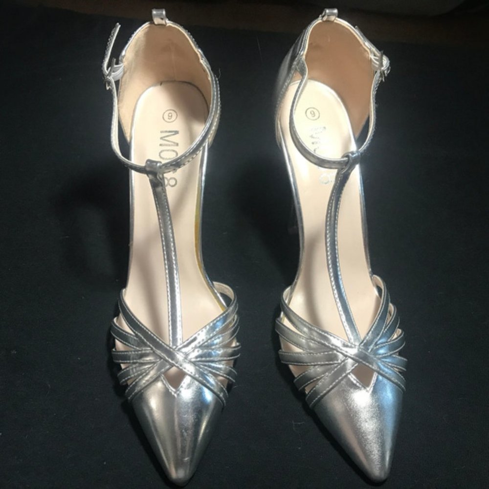 Metallic Silver T-Strap Pointed Toe Heels